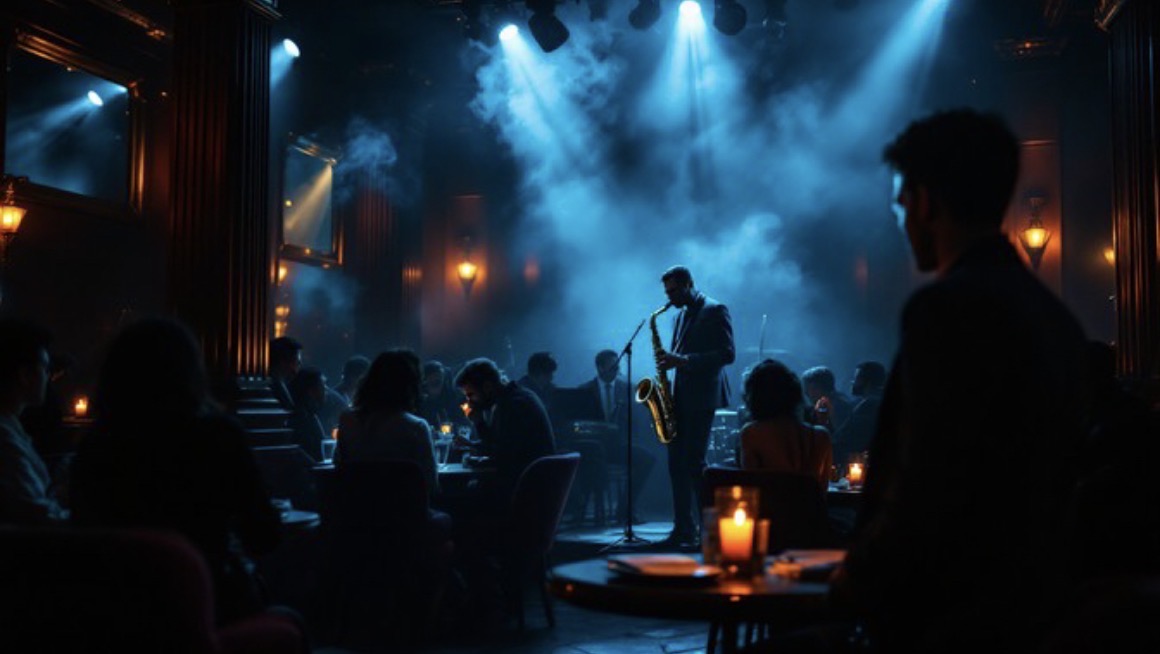 A blue-lit live performance with an audience in the room