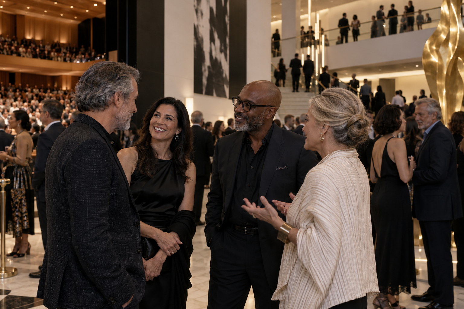 Engaged guests in natural conversation during a cultural evening