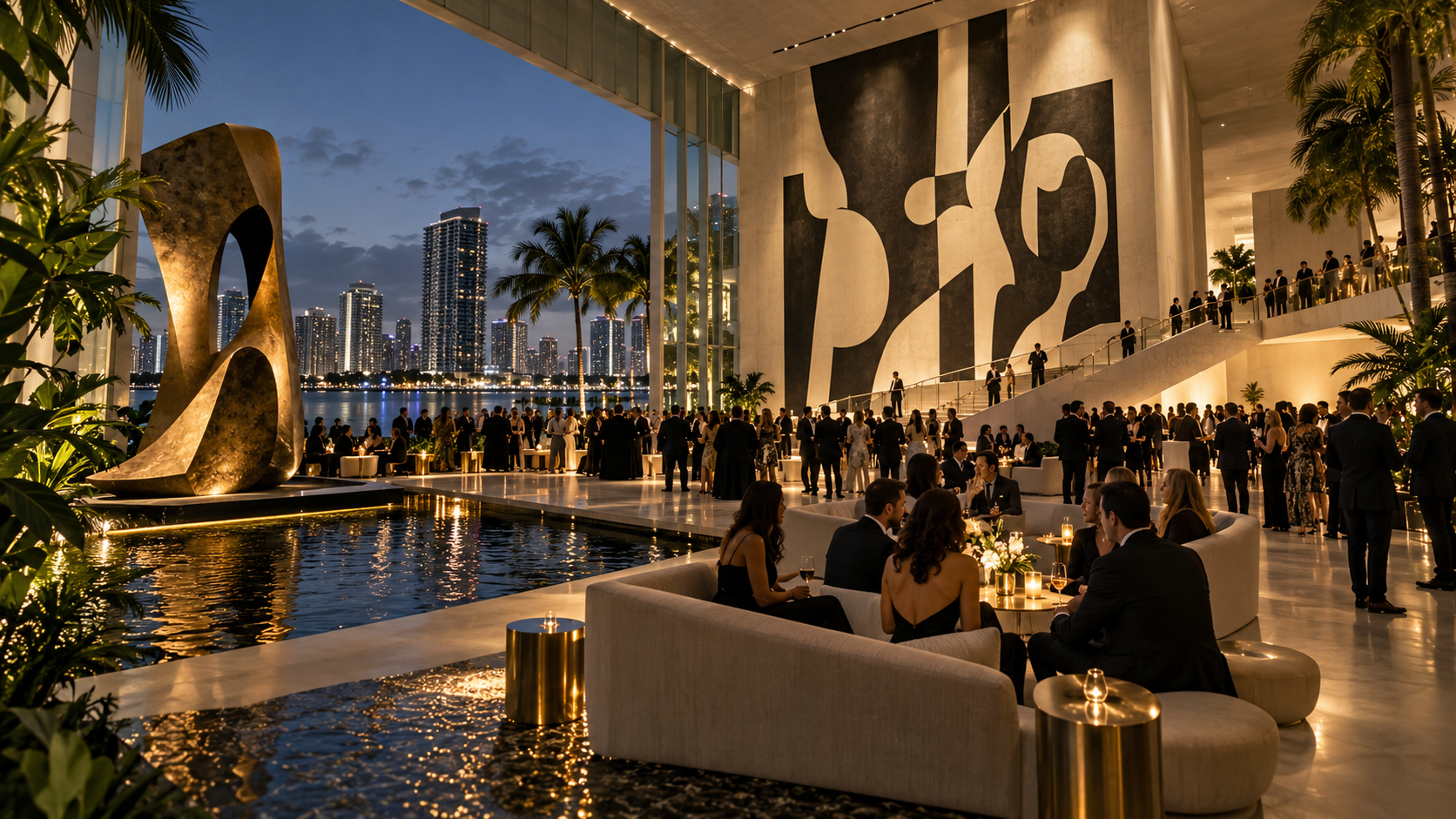 A distinctive evening setting filled with guests and atmosphere